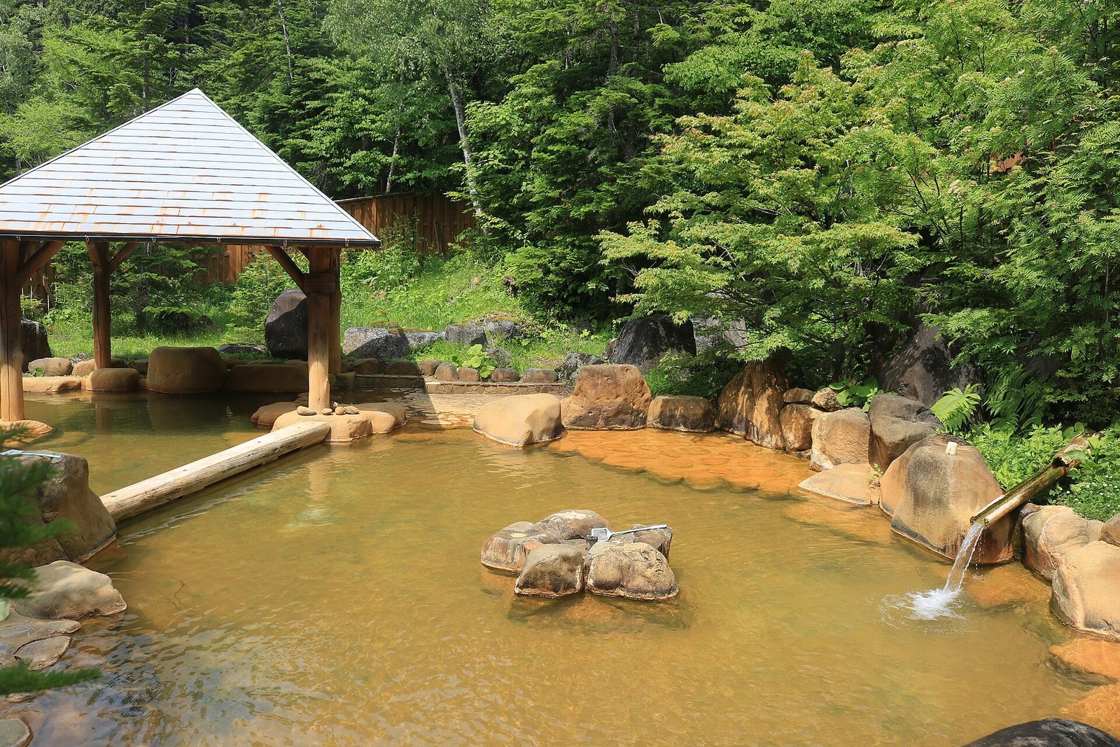 Empty outdoor rock bath (rotenburo) with cloudy orange-brown spring water and a wooden roofed shelter, surrounded by green forest at Nigorigo Onsen, Gifu