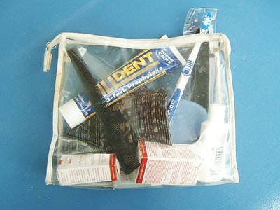 A clear zip toiletry bag holding toothpaste, a toothbrush and small bottles (item type photo, not the exact product)